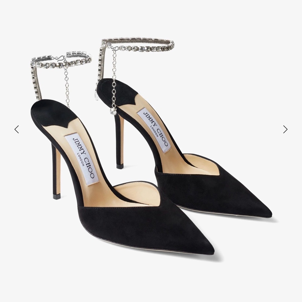 Jimmy Choo Black Suede Pointed-Toe Stiletto Heels with Rhinestone Ankle Straps